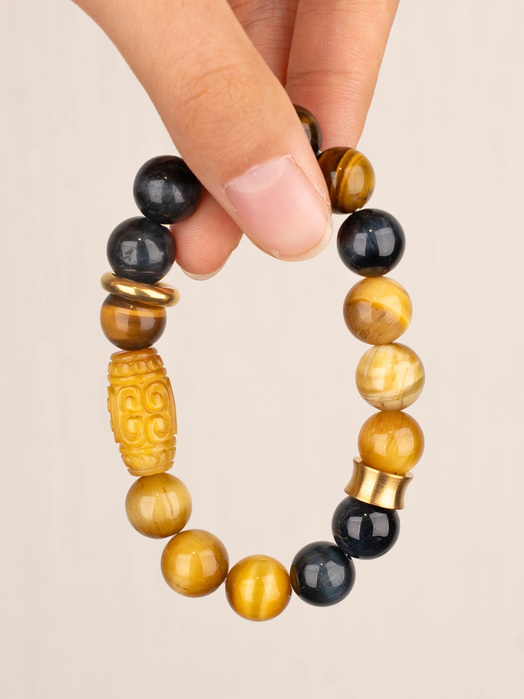 SENLLY Dual-Tone Focus - Beaded Stretch Bracelet with Natural Tiger Eye, Gold Tiger Eye & Blue Tiger Eye, Handcrafted Natural Stone Jewelry for Confidence, Balance & Strength