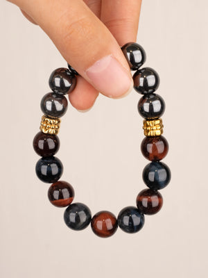 SENLLY Dual Tiger Aura - Beaded Stretch Bracelet with Natural Hematite, Red Tiger Eye & Blue Tiger Eye, Handcrafted Natural Stone Jewelry for Focus, Balance & Confidence