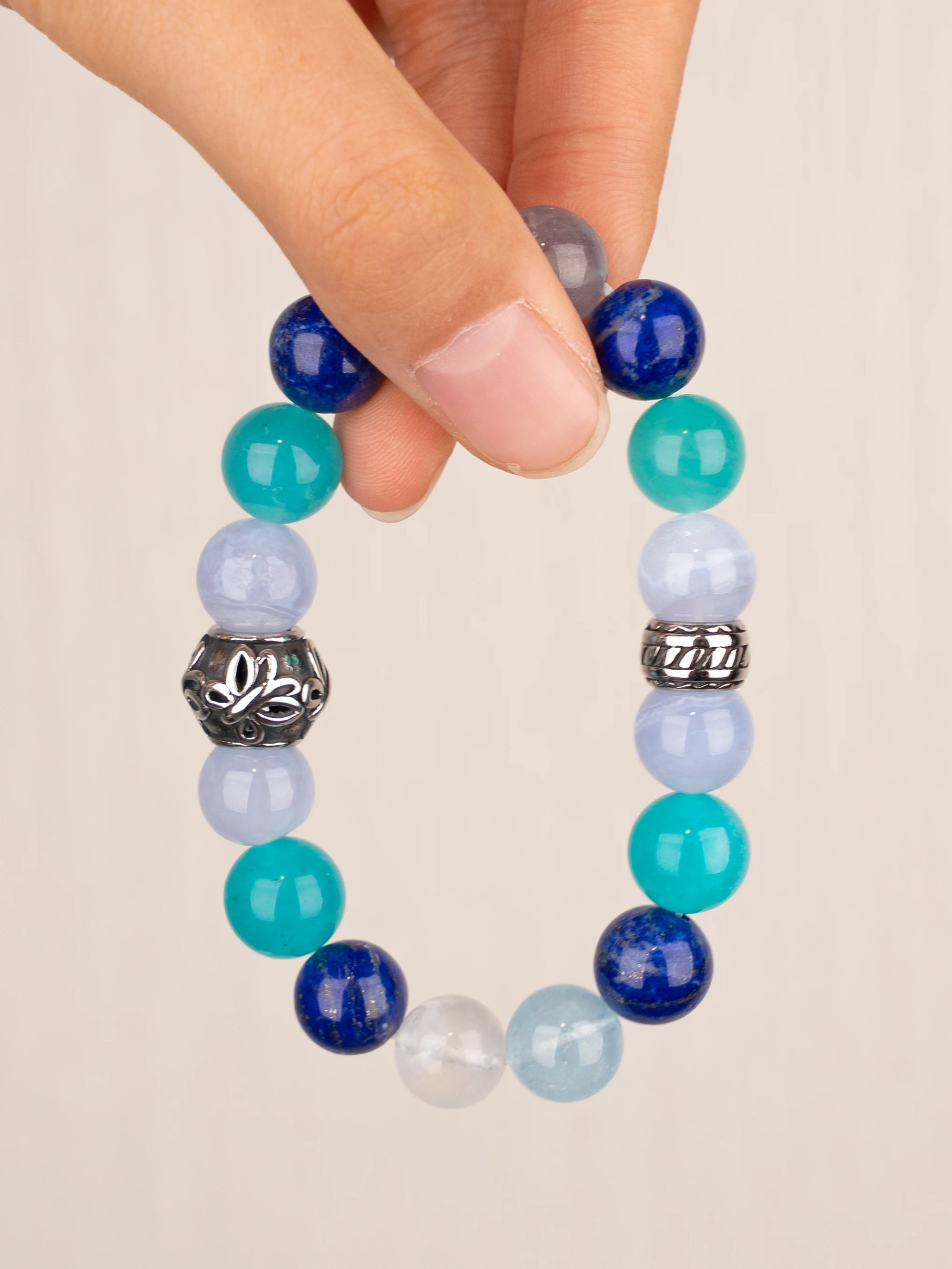 SENLLY Ocean Insight - Beaded Stretch Bracelet with Natural Lapis Lazuli, Aquamarine & Amazonite, Handcrafted Natural Stone Jewelry for Clarity, Calm & Balance