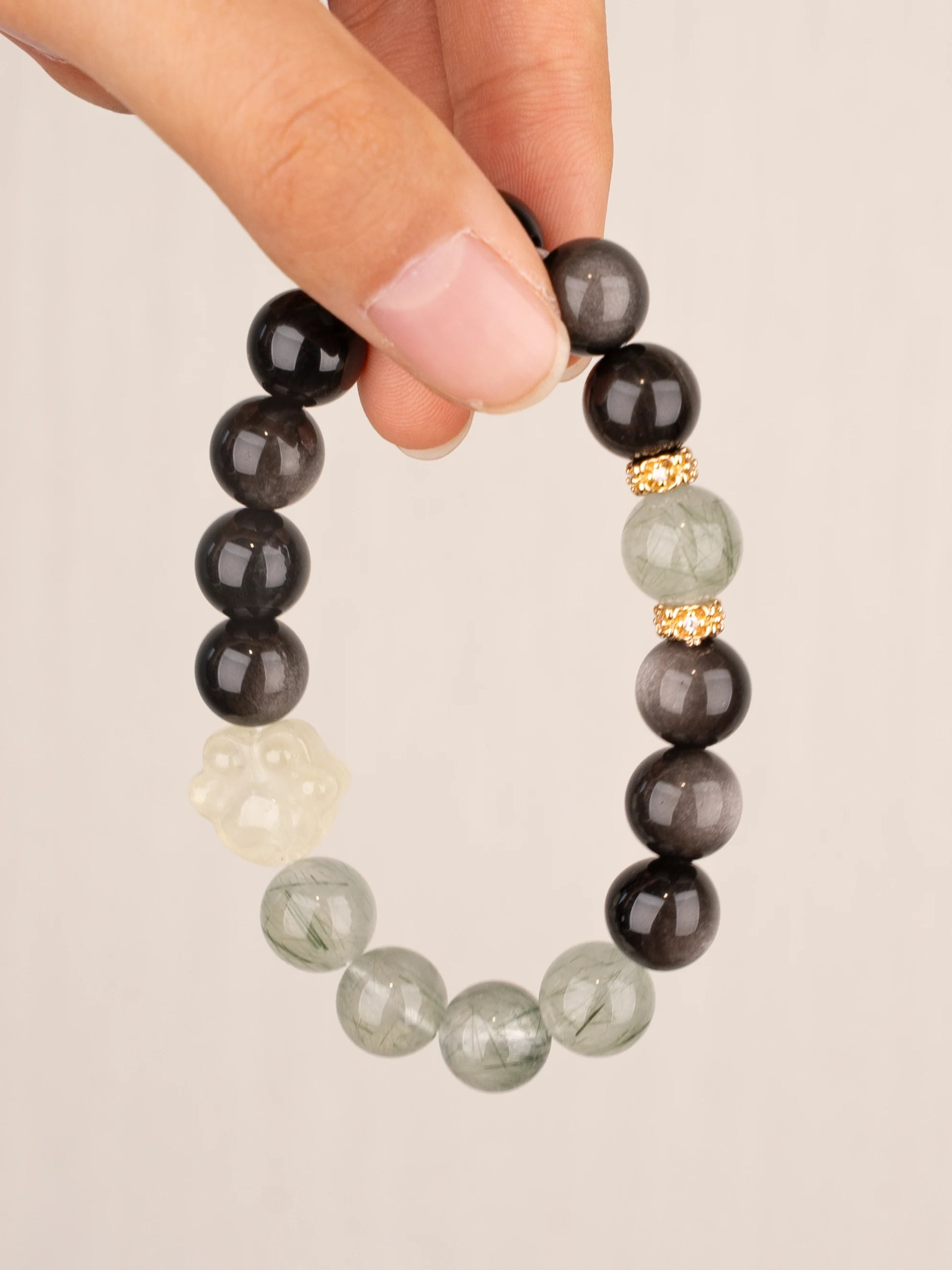 SENLLY Shadow Grove - Beaded Stretch Bracelet with Natural Gold Obsidian, Green Rutilated Quartz & Citrine, Handcrafted Natural Stone Jewelry for Protection, Clarity & Balance