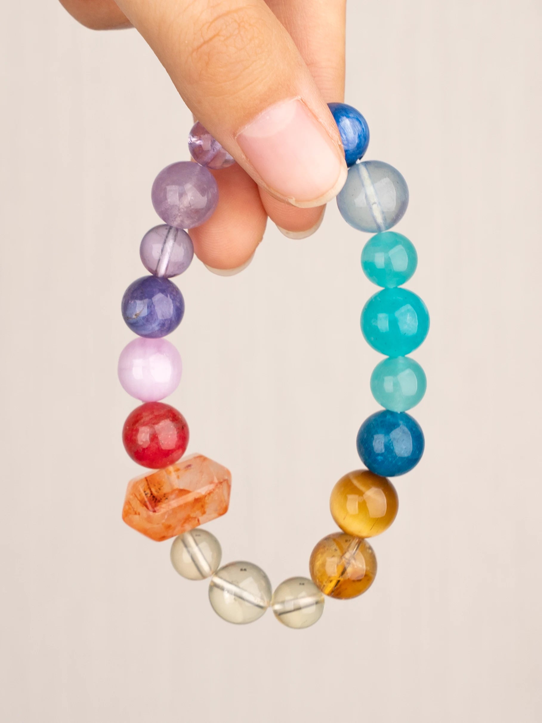 SENLLY Spectrum Harmony - Multi-Gemstone Beaded Bracelet with Natural Citrine, Amethyst & Blue Apatite, Handcrafted Natural Stone Jewelry with Faceted Red Hematoid Crystal Accent