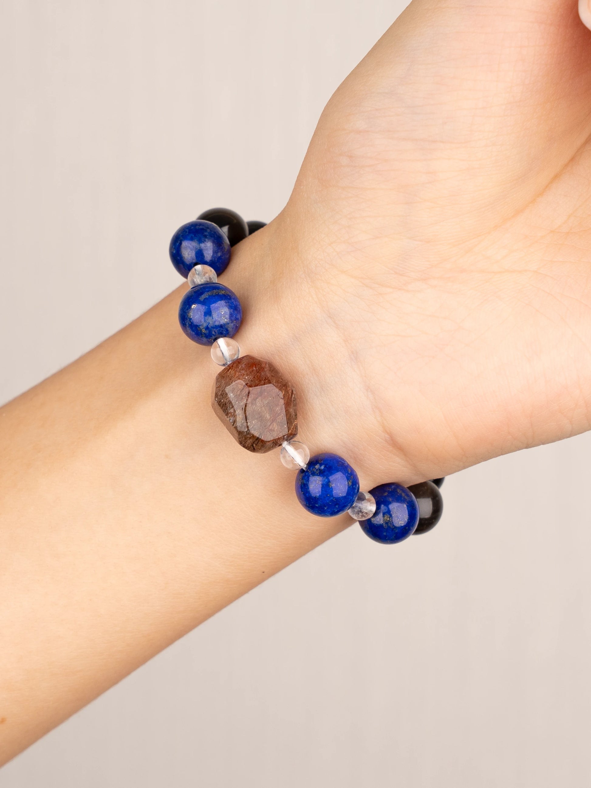 SENLLY Midnight Vision - Beaded Bracelet with Natural Lapis Lazuli, Silver Obsidian & Clear Quartz, Handcrafted Natural Stone Jewelry Featuring a Black Gold Super Seven Centerpiece