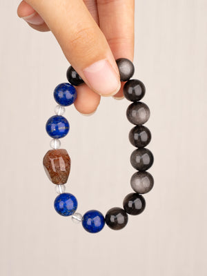 SENLLY Midnight Vision - Beaded Bracelet with Natural Lapis Lazuli, Silver Obsidian & Clear Quartz, Handcrafted Natural Stone Jewelry Featuring a Black Gold Super Seven Centerpiece
