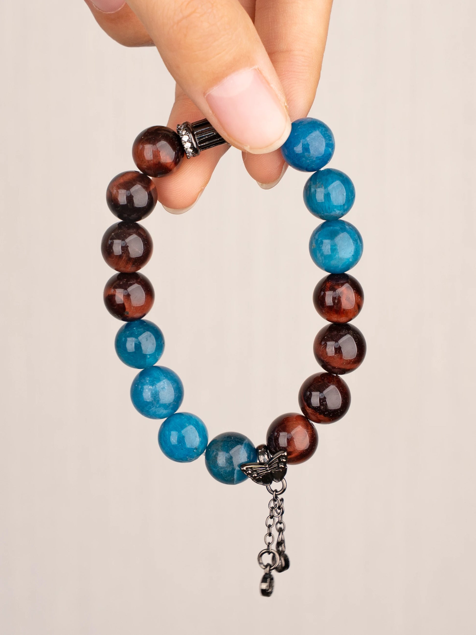 SENLLY Crimson Tide - Beaded Stretch Bracelet with Natural Blue Apatite & Red Tiger Eye, Handcrafted Natural Stone Jewelry for Strength, Motivation & Focus