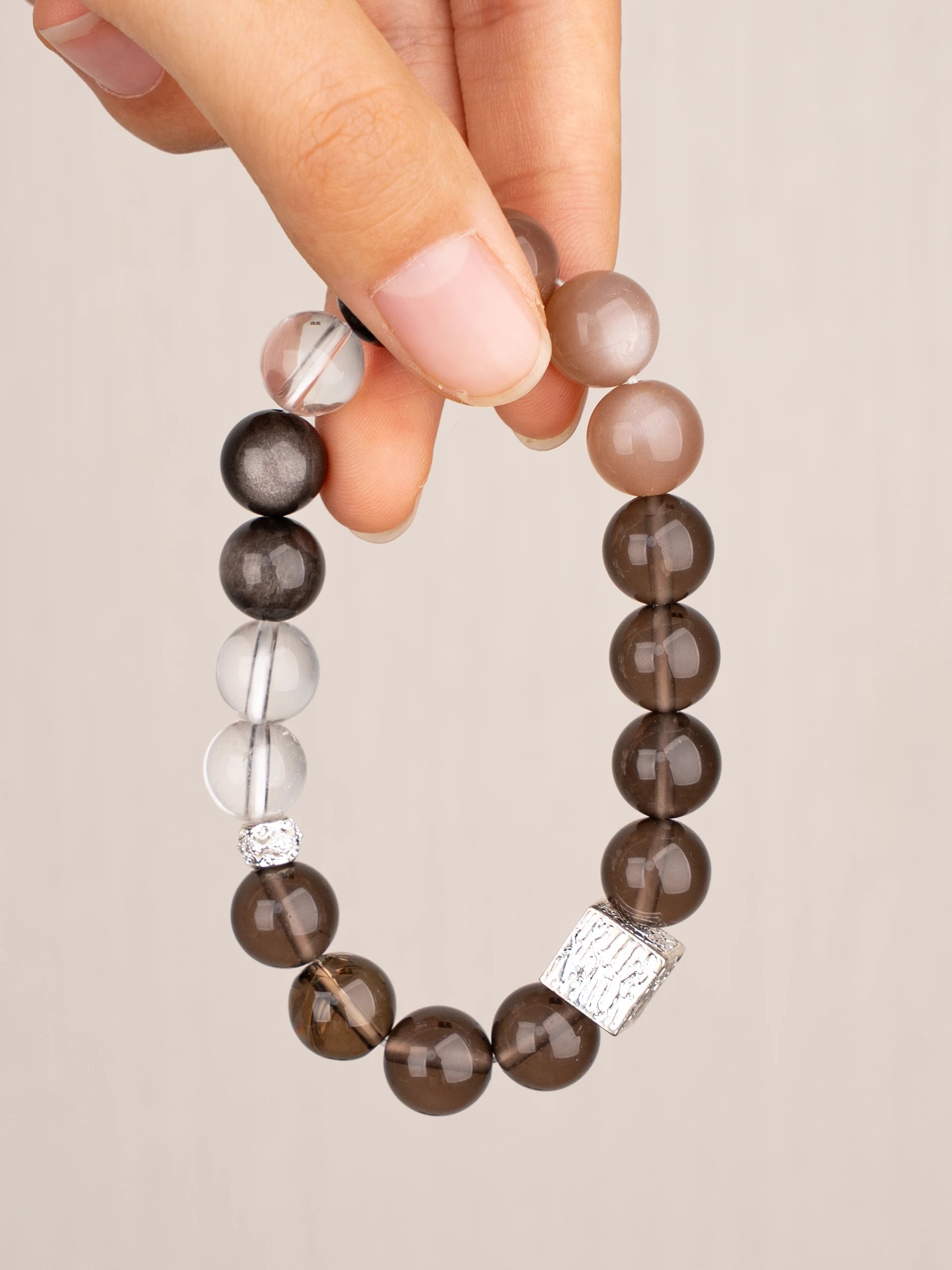 SENLLY Ember Balance - Beaded Stretch Bracelet with Natural Smoky Quartz, Sunstone & Silver Obsidian, Handcrafted Natural Stone Jewelry for Strength, Clarity & Grounding