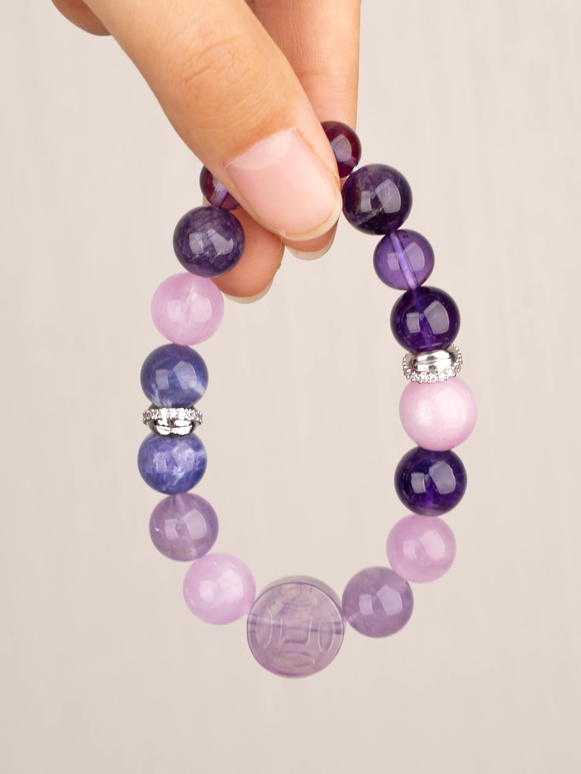 SENLLY Lavender Harmony - Beaded Stretch Bracelet with Natural Kunzite & Amethyst, Handcrafted Natural Stone Jewelry for Calm, Clarity & Emotional Balance