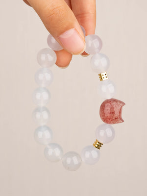 SENLLY Snowberry Cat - Beaded Stretch Bracelet with White Agate & Strawberry Quartz Cat Charm, Handmade Natural Stone Jewelry for Sweetness, Calm & Gentle Energy
