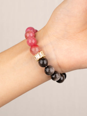 SENLLY Rose Shadow Harmony - Beaded Stretch Bracelet with Rhodonite & Silver Obsidian, Handmade Natural Stone Jewelry for Emotional Healing, Balance & Confidence