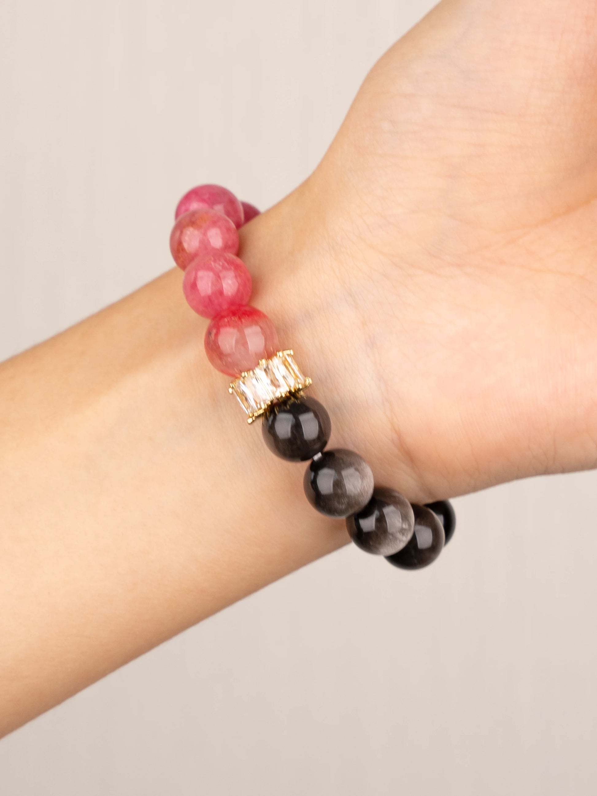 SENLLY Rose Shadow Harmony - Beaded Stretch Bracelet with Rhodonite & Silver Obsidian, Handmade Natural Stone Jewelry for Emotional Healing, Balance & Confidence