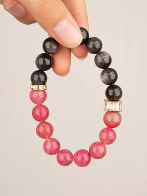 SENLLY Rose Shadow Harmony - Beaded Stretch Bracelet with Rhodonite & Silver Obsidian, Handmade Natural Stone Jewelry for Emotional Healing, Balance & Confidence