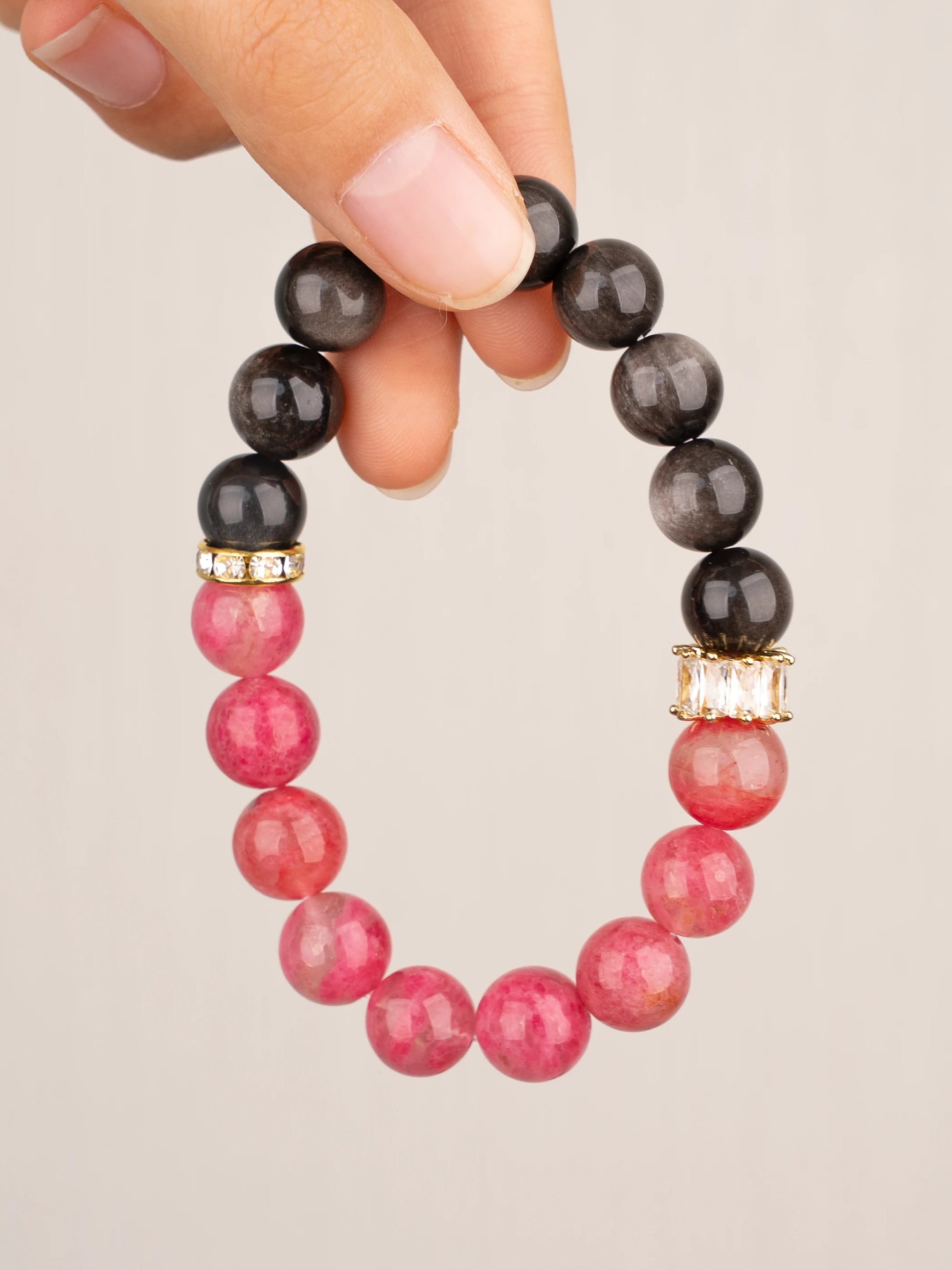 SENLLY Rose Shadow Harmony - Beaded Stretch Bracelet with Rhodonite & Silver Obsidian, Handmade Natural Stone Jewelry for Emotional Healing, Balance & Confidence