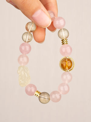 SENLLY Blossom Fortune - Beaded Stretch Bracelet with Rose Quartz, Lemon Quartz & Pixiu Citrine, Handmade Natural Stone Jewelry for Luck, Harmony & Positive Energy