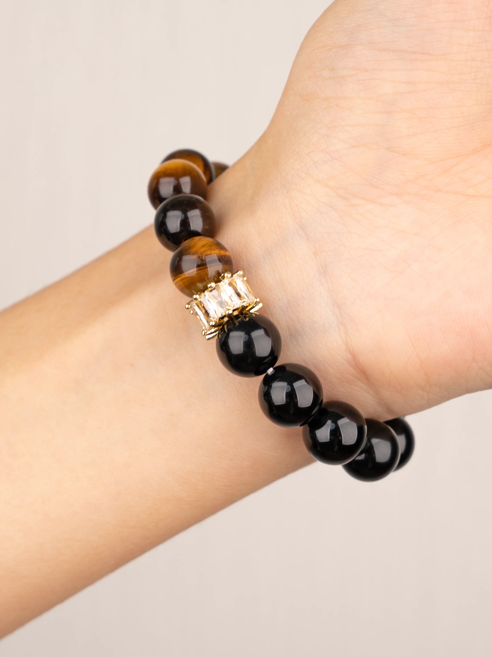 SENLLY Golden Focus - Beaded Stretch Bracelet with Tiger Eye & Black Agate, Handmade Natural Stone Jewelry for Strength, Confidence & Protection