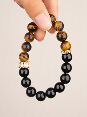 SENLLY Golden Focus - Beaded Stretch Bracelet with Tiger Eye & Black Agate, Handmade Natural Stone Jewelry for Strength, Confidence & Protection