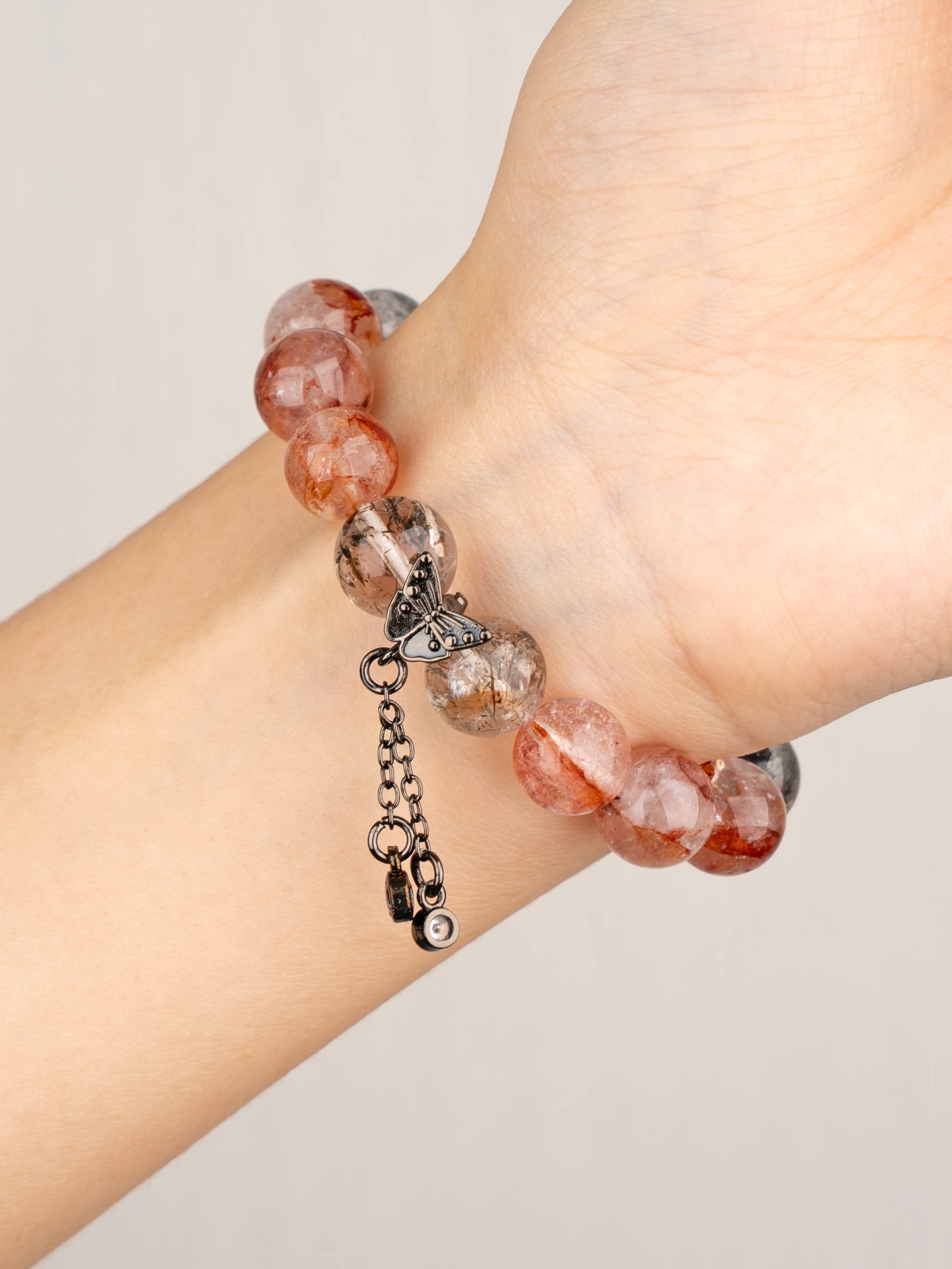 SENLLY Ember Wing - Beaded Stretch Bracelet with Red Hematoid Quartz, Black Herkimer Diamond & Black Gold Super Seven, Handmade Natural Stone Jewelry for Clarity, Strength & Balance