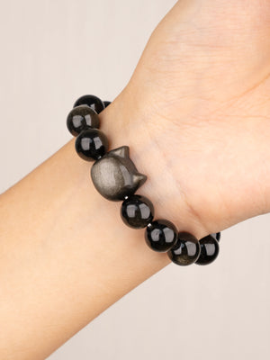 SENLLY Shadow Cat Guardian - Beaded Stretch Bracelet with Silver Obsidian & Cat Head Carving, Handmade Natural Stone Jewelry for Protection, Clarity & Balance