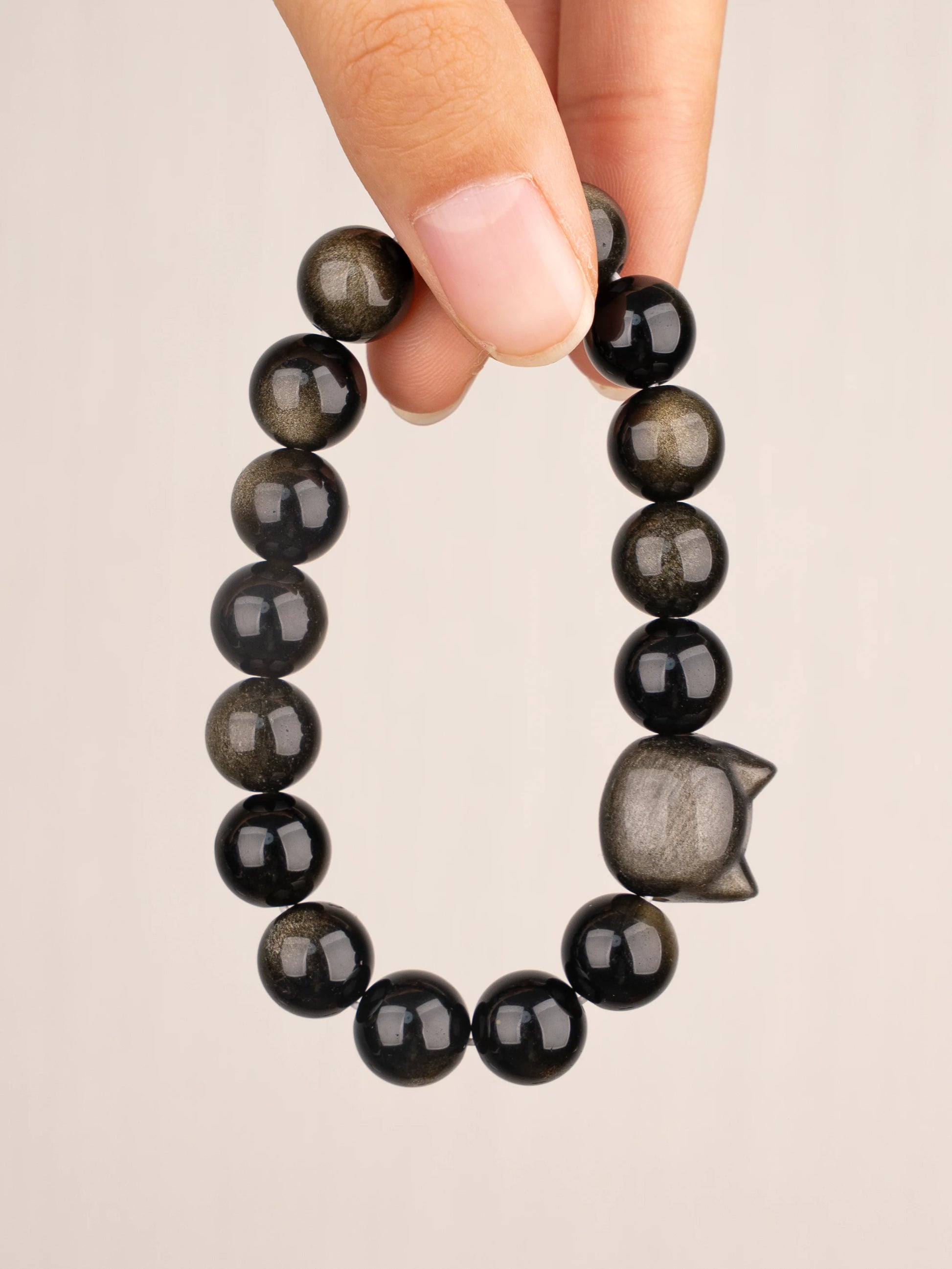 SENLLY Shadow Cat Guardian - Beaded Stretch Bracelet with Silver Obsidian & Cat Head Carving, Handmade Natural Stone Jewelry for Protection, Clarity & Balance