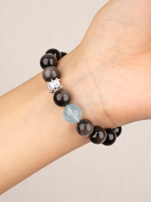 SENLLY Midnight Tide - Beaded Stretch Bracelet with Silver Obsidian & Aquamarine, Handmade Natural Stone Jewelry for Protection, Clarity & Calm Energy