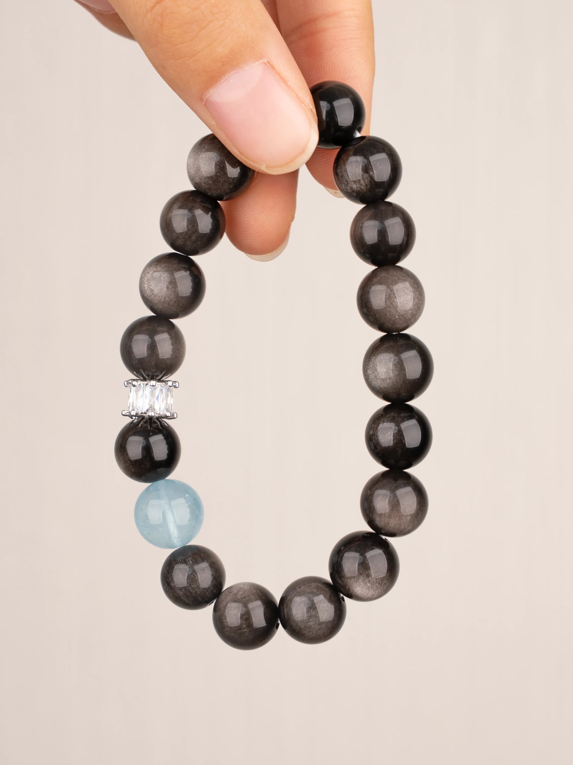 SENLLY Midnight Tide - Beaded Stretch Bracelet with Silver Obsidian & Aquamarine, Handmade Natural Stone Jewelry for Protection, Clarity & Calm Energy