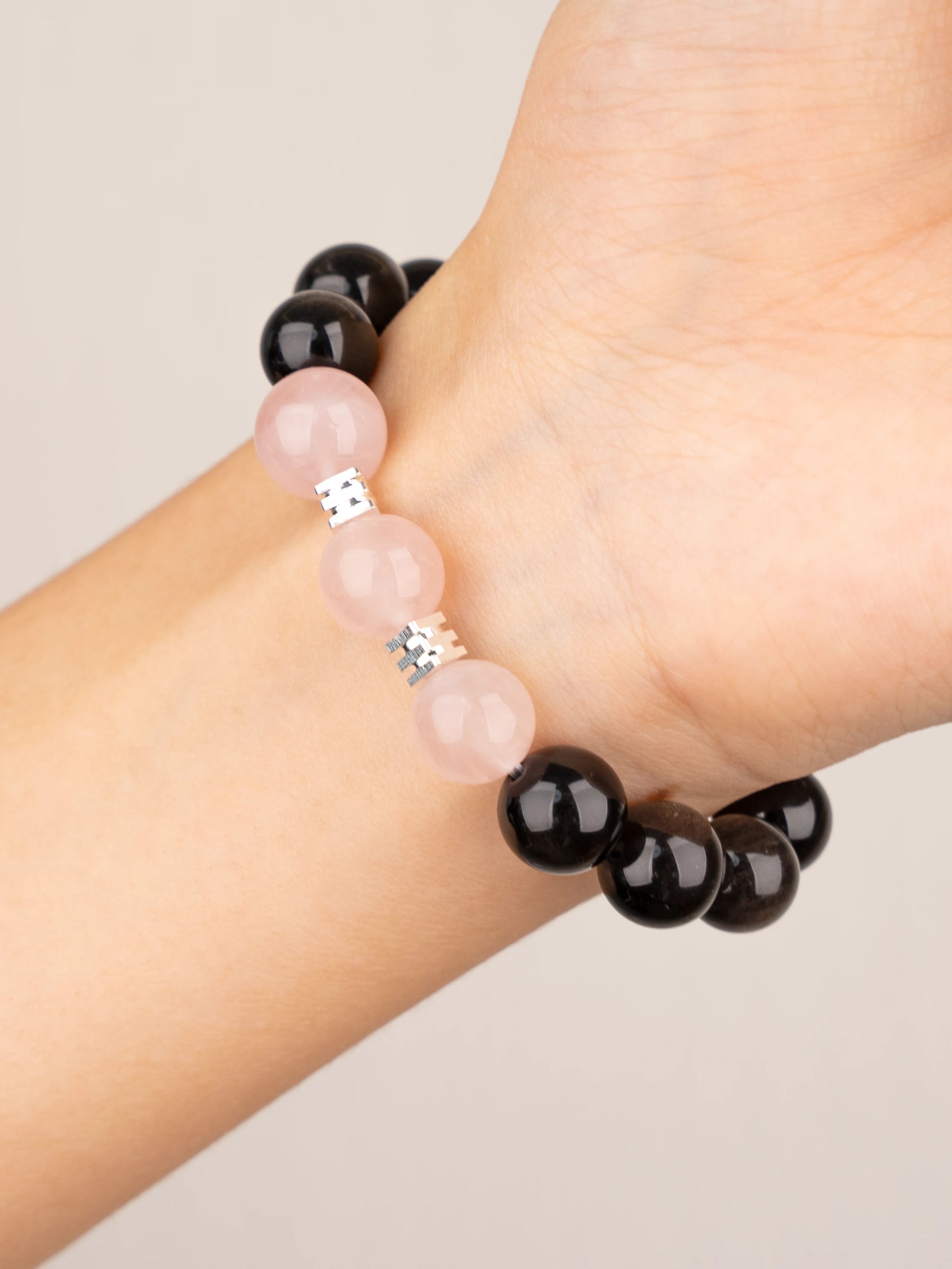 SENLLY Midnight Rose - Beaded Stretch Bracelet with Silver Obsidian & Rose Quartz, Handmade Natural Stone Jewelry for Balance, Protection & Emotional Clarity