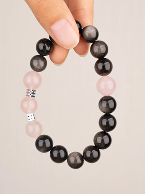 SENLLY Midnight Rose - Beaded Stretch Bracelet with Silver Obsidian & Rose Quartz, Handmade Natural Stone Jewelry for Balance, Protection & Emotional Clarity