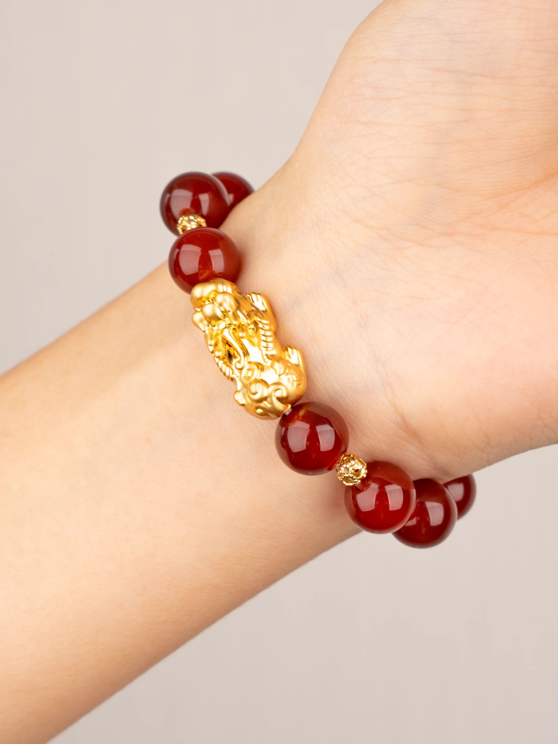 SENLLY Radiant Ember - Beaded Stretch Bracelet with Red Agate & Brass Pixiu Charm, Handmade Natural Stone Jewelry for Confidence, Balance & Vitality