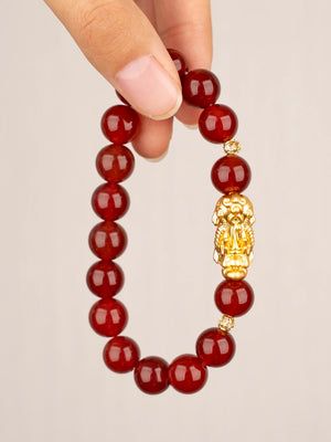 SENLLY Radiant Ember - Beaded Stretch Bracelet with Red Agate & Brass Pixiu Charm, Handmade Natural Stone Jewelry for Confidence, Balance & Vitality