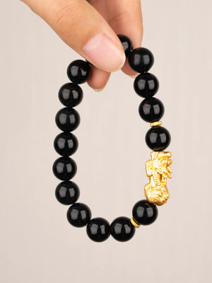 SENLLY Golden Guardian - Beaded Stretch Bracelet with Black Agate & Brass Pixiu Charm, Handmade Natural Stone Jewelry for Balance, Confidence & Grounding