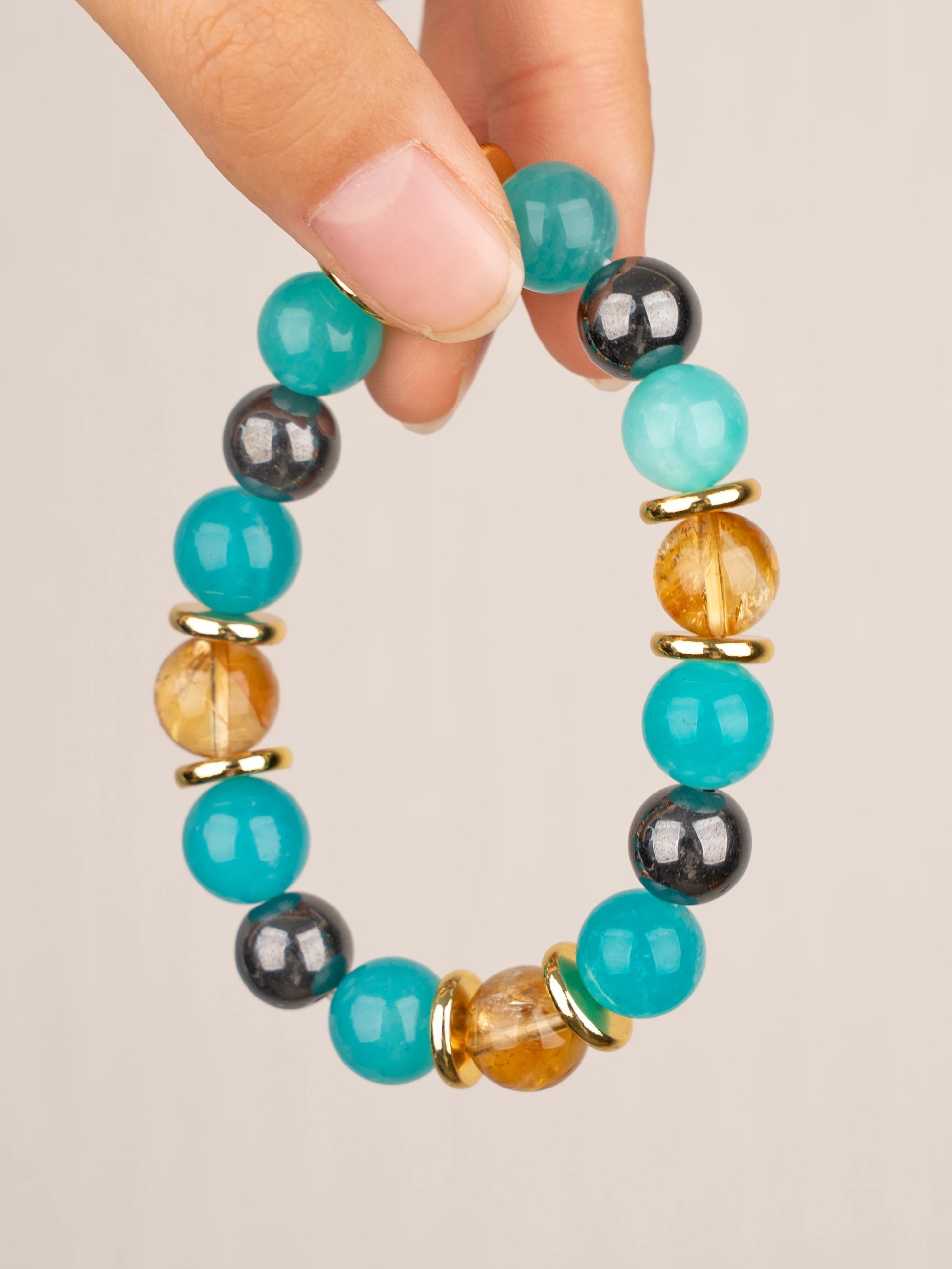 SENLLY Amber Tide - Beaded Stretch Bracelet with Amazonite, Citrine & Natural Hematite, Handmade Natural Stone Jewelry for Balance, Clarity & Renewal