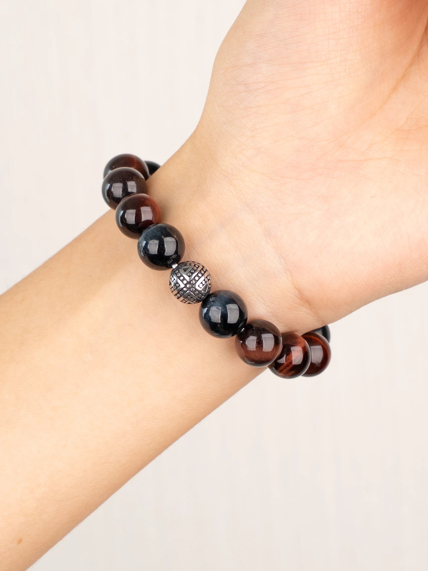 SENLLY Obsidian Vanguard - Beaded Stretch Bracelet with Natural Red & Blue Tiger Eye, Handcrafted Natural Stone Jewelry for Strength, Focus & Grounding