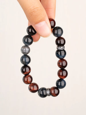 SENLLY Obsidian Vanguard - Beaded Stretch Bracelet with Natural Red & Blue Tiger Eye, Handcrafted Natural Stone Jewelry for Strength, Focus & Grounding