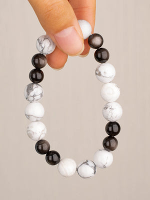 SENLLY Frosted Balance - Beaded Stretch Bracelet with Natural Silver Obsidian & Howlite, Handcrafted Natural Stone Jewelry for Calmness & Grounding