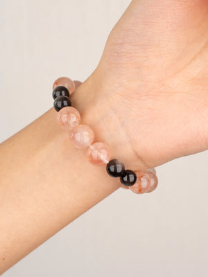 SENLLY Ember Shadow - Beaded Stretch Bracelet with Natural Red Hematoid Quartz & Silver Obsidian, Handcrafted Natural Stone Jewelry for Energy & Protection