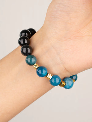 SENLLY Midnight Crest - Beaded Stretch Bracelet with Natural Blue Apatite & Black Agate, Handcrafted Natural Stone Jewelry for Focus, Balance & Modern Style