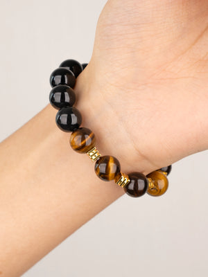 SENLLY Golden Ember - Beaded Stretch Bracelet with Natural Tiger Eye & Black Agate, Handcrafted Natural Stone Jewelry for Strength, Focus & Everyday Confidence