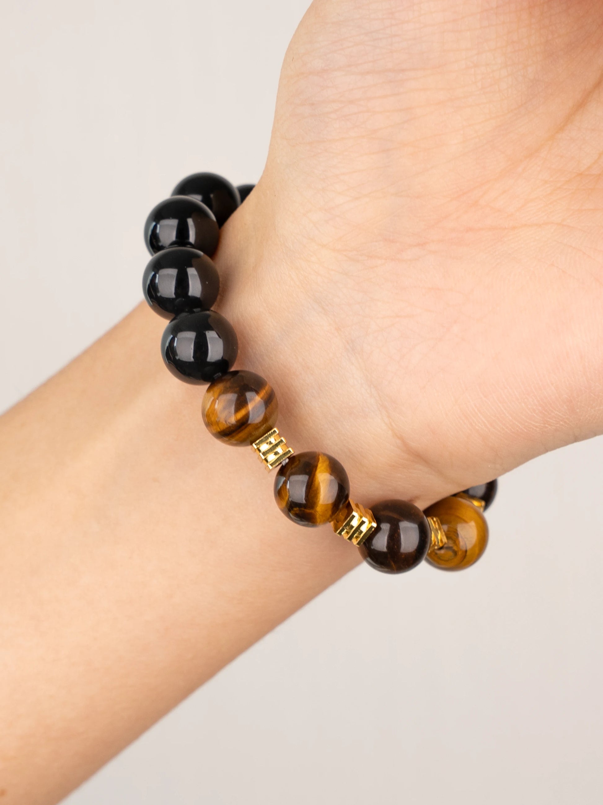 SENLLY Golden Ember - Beaded Stretch Bracelet with Natural Tiger Eye & Black Agate, Handcrafted Natural Stone Jewelry for Strength, Focus & Everyday Confidence