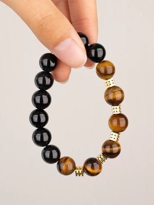 SENLLY Golden Ember - Beaded Stretch Bracelet with Natural Tiger Eye & Black Agate, Handcrafted Natural Stone Jewelry for Strength, Focus & Everyday Confidence