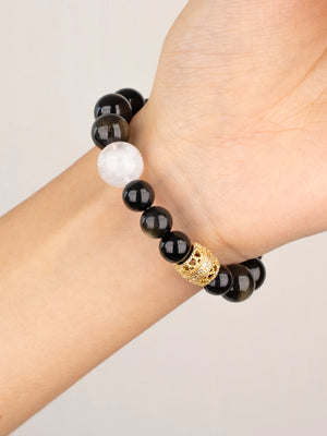 SENLLY Midnight Shield - Beaded Stretch Bracelet with Natural Gold Obsidian & White Agate, Handcrafted Natural Stone Jewelry for Protection & Strength