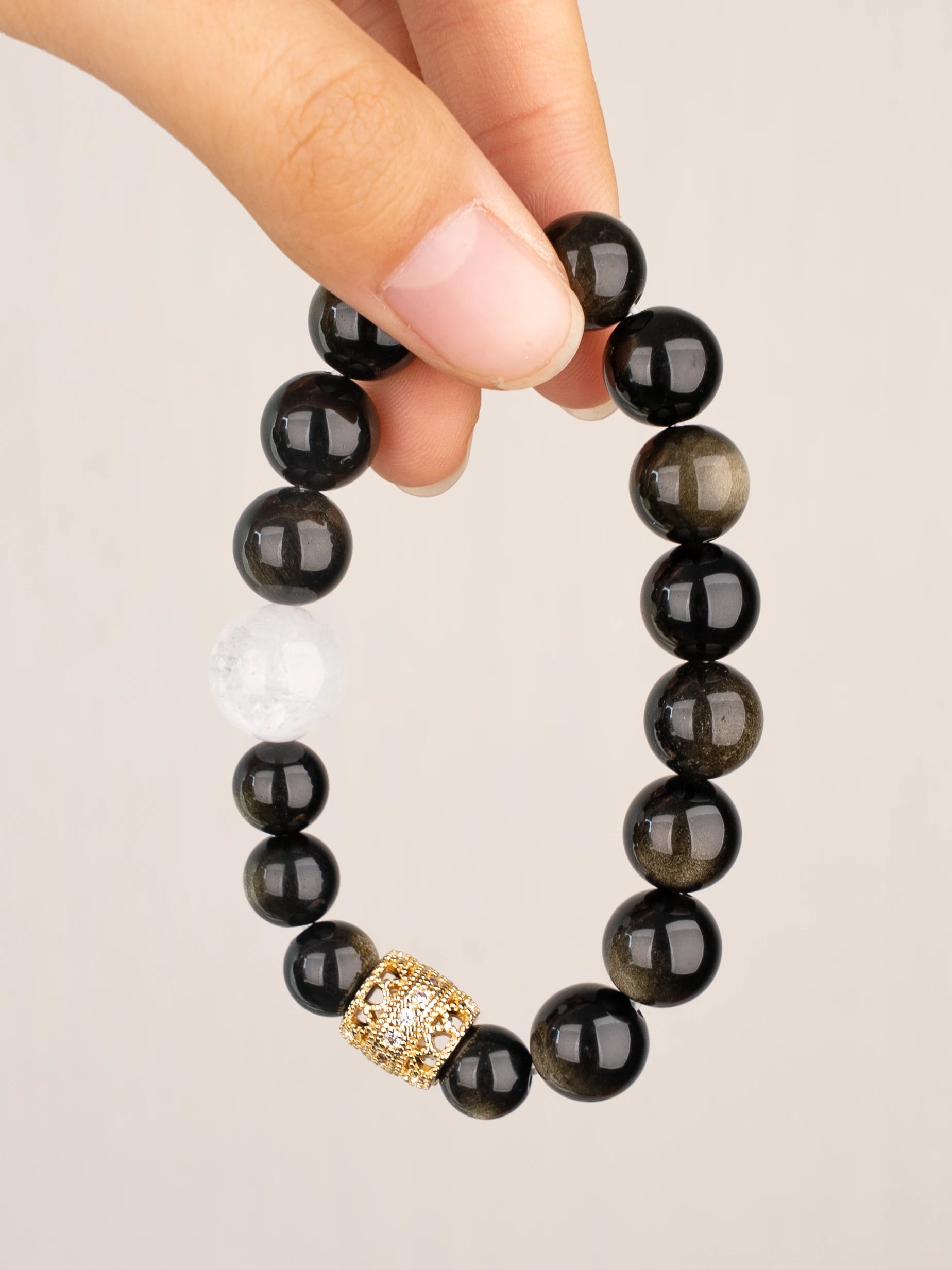 SENLLY Midnight Shield - Beaded Stretch Bracelet with Natural Gold Obsidian & White Agate, Handcrafted Natural Stone Jewelry for Protection & Strength