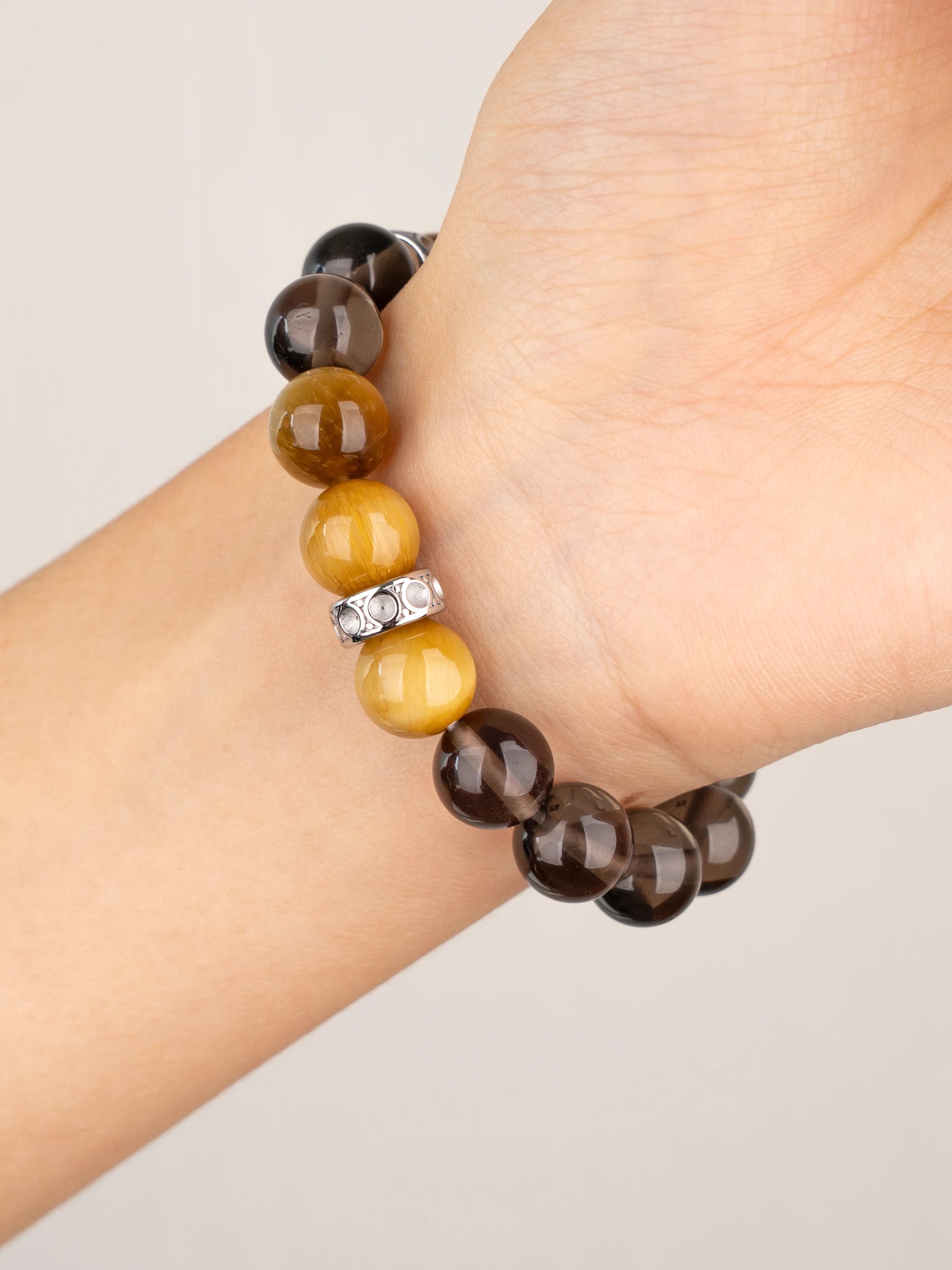 SENLLY Golden Vanguard - Natural Tiger Eye & Smoky Quartz Beaded Bracelet, Handcrafted Natural Stone Jewelry for Strength, Stability & Confidence