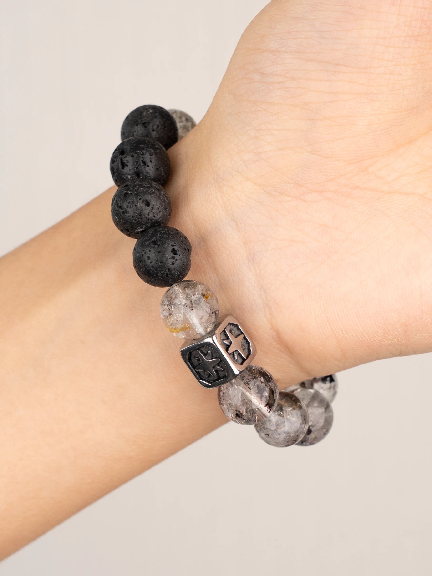 SENLLY Obsidian Rift - Beaded Stretch Bracelet with Natural Black Herkimer Diamond, Lava Rock & Silver Obsidian, Handcrafted Natural Stone Jewelry for Strength, Focus & Grounding