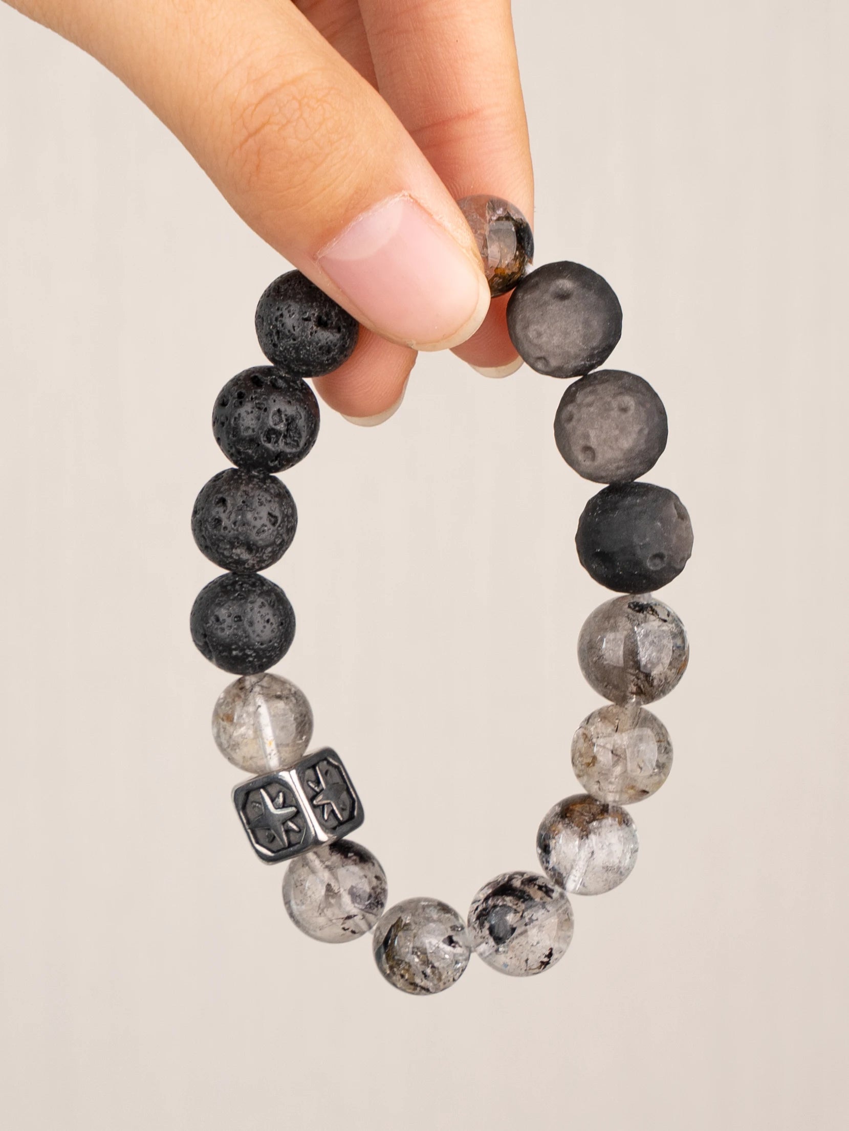 SENLLY Obsidian Rift - Beaded Stretch Bracelet with Natural Black Herkimer Diamond, Lava Rock & Silver Obsidian, Handcrafted Natural Stone Jewelry for Strength, Focus & Grounding