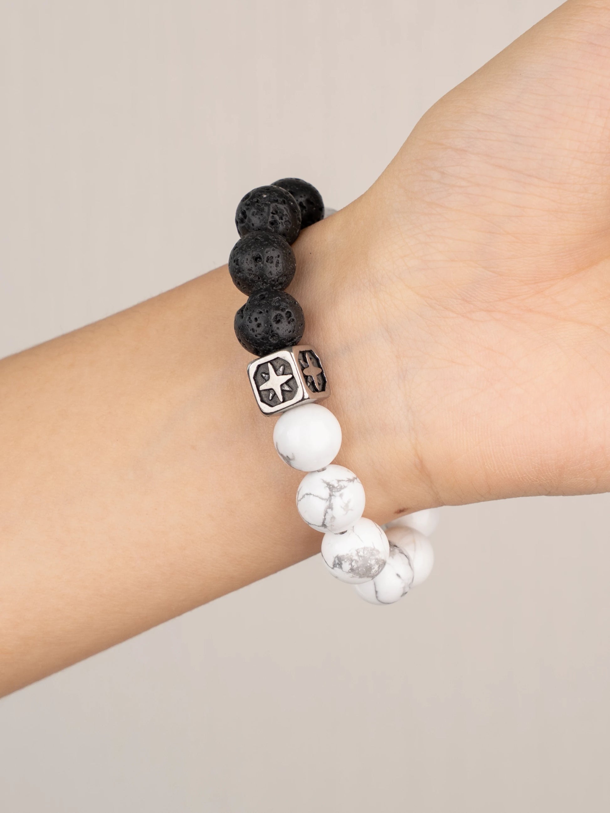 SENLLY Shadow Axis - Beaded Stretch Bracelet with Natural Lava Rock, Howlite & Silver Obsidian, Handcrafted Natural Stone Jewelry for Strength, Clarity & Grounding