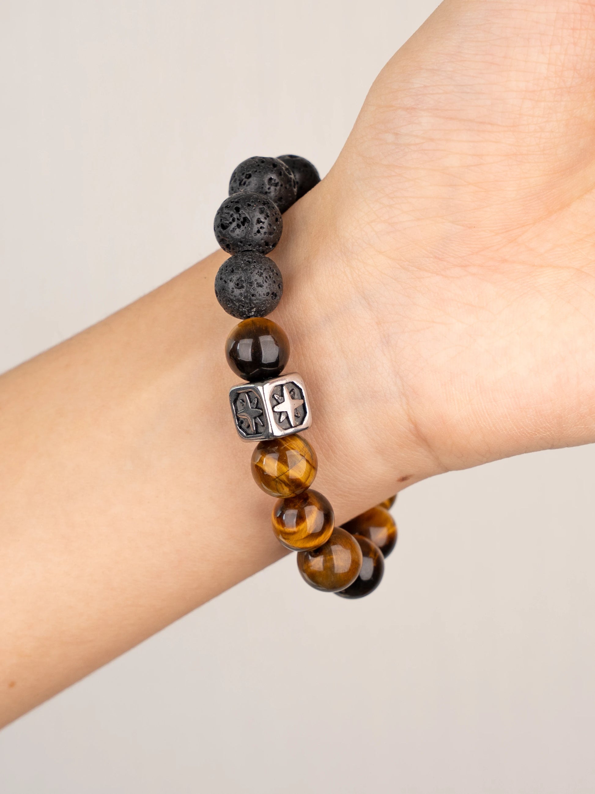 SENLLY Ember Guard - Beaded Stretch Bracelet with Natural Tiger Eye, Lava Rock & Silver Obsidian, Handcrafted Natural Stone Jewelry for Strength, Focus & Grounding