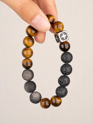 SENLLY Ember Guard - Beaded Stretch Bracelet with Natural Tiger Eye, Lava Rock & Silver Obsidian, Handcrafted Natural Stone Jewelry for Strength, Focus & Grounding