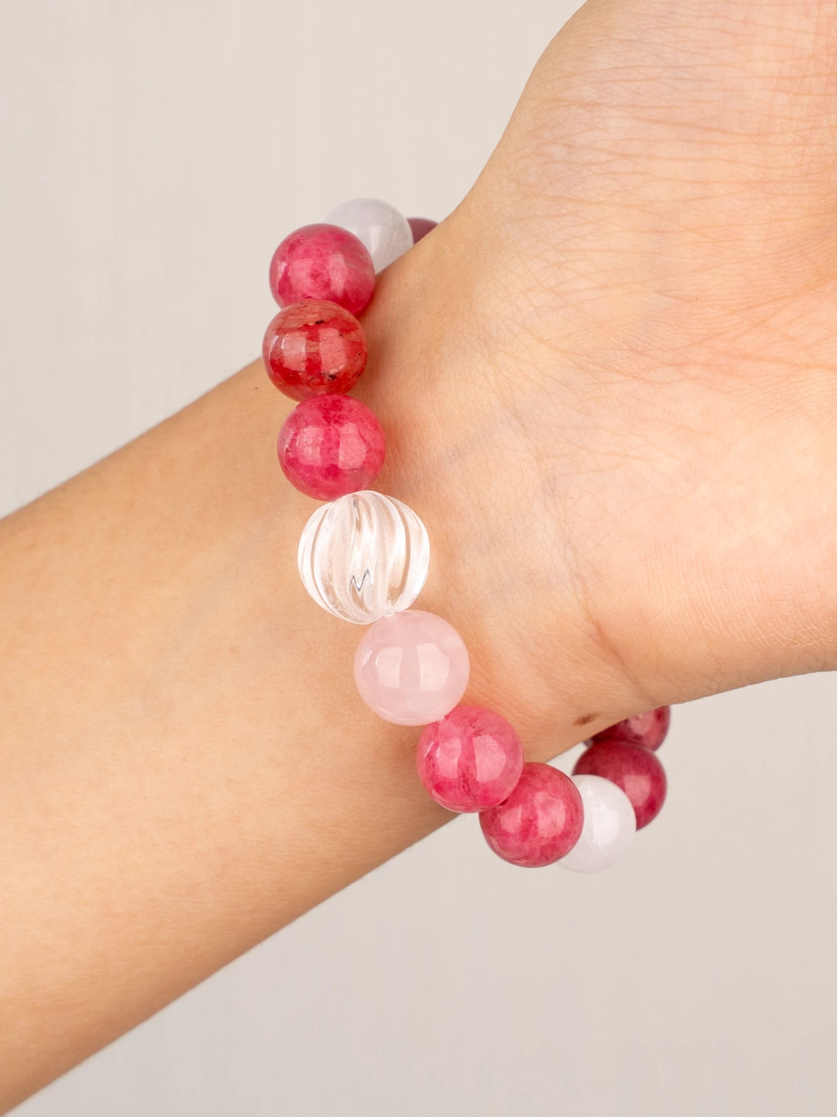 SENLLY Rosy Harmony - Beaded Stretch Bracelet with Natural Rhodonite, Rose Quartz & Clear Quartz, Handcrafted Natural Stone Jewelry for Love, Balance & Emotional Healing