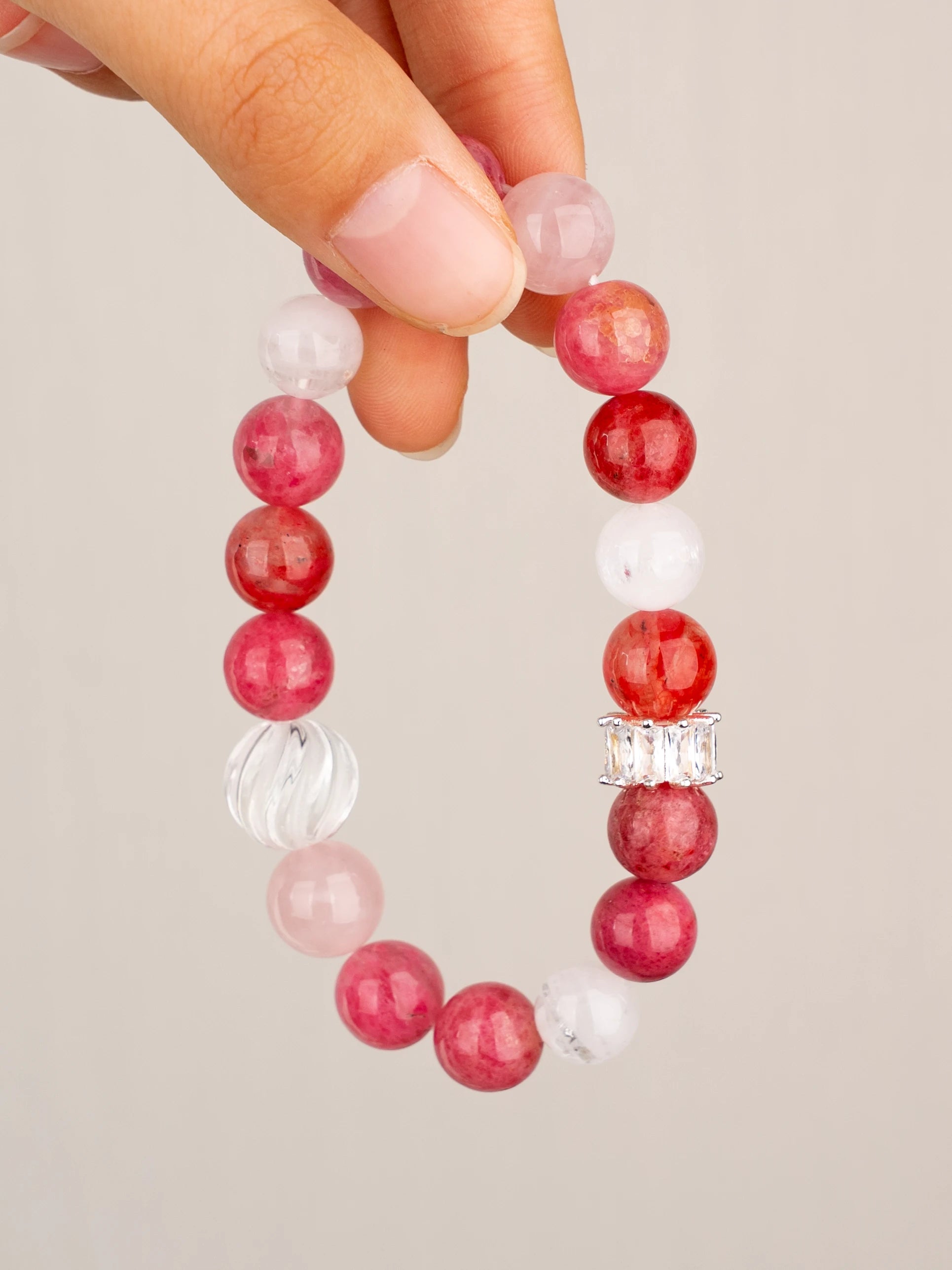 SENLLY Rosy Harmony - Beaded Stretch Bracelet with Natural Rhodonite, Rose Quartz & Clear Quartz, Handcrafted Natural Stone Jewelry for Love, Balance & Emotional Healing
