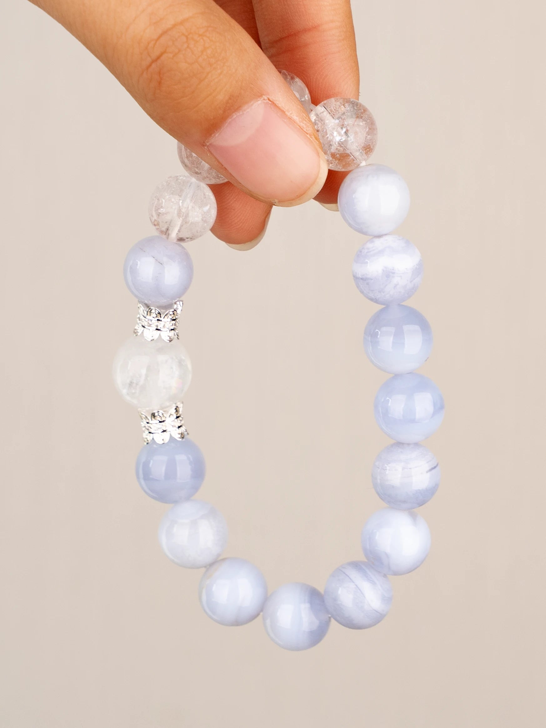 SENLLY Soft Horizon - Beaded Stretch Bracelet with Natural Blue Lace Agate & Azeztulite, Handcrafted Natural Stone Jewelry for Calm, Clarity & Emotional Balance