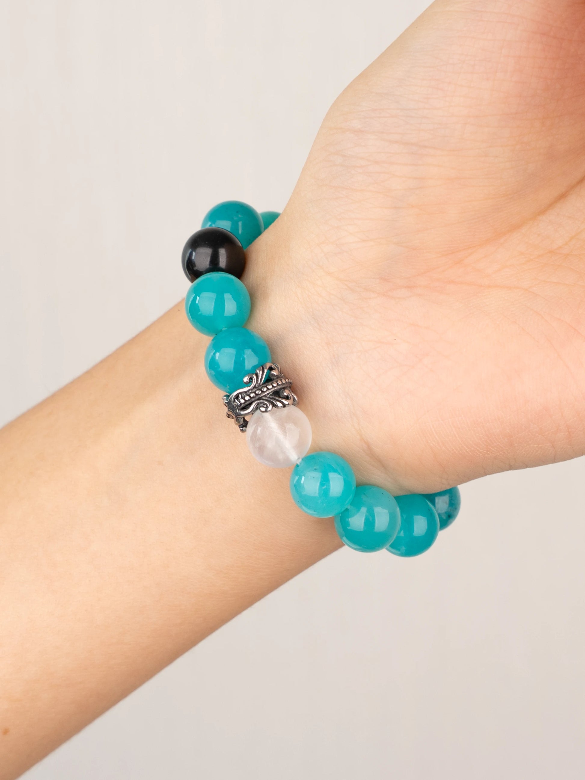 SENLLY Aqua Haven - Beaded Stretch Bracelet with Natural Amazonite, White Agate & Black Herkimer Diamond, Handcrafted Natural Stone Jewelry for Clarity, Balance & Refreshing Style