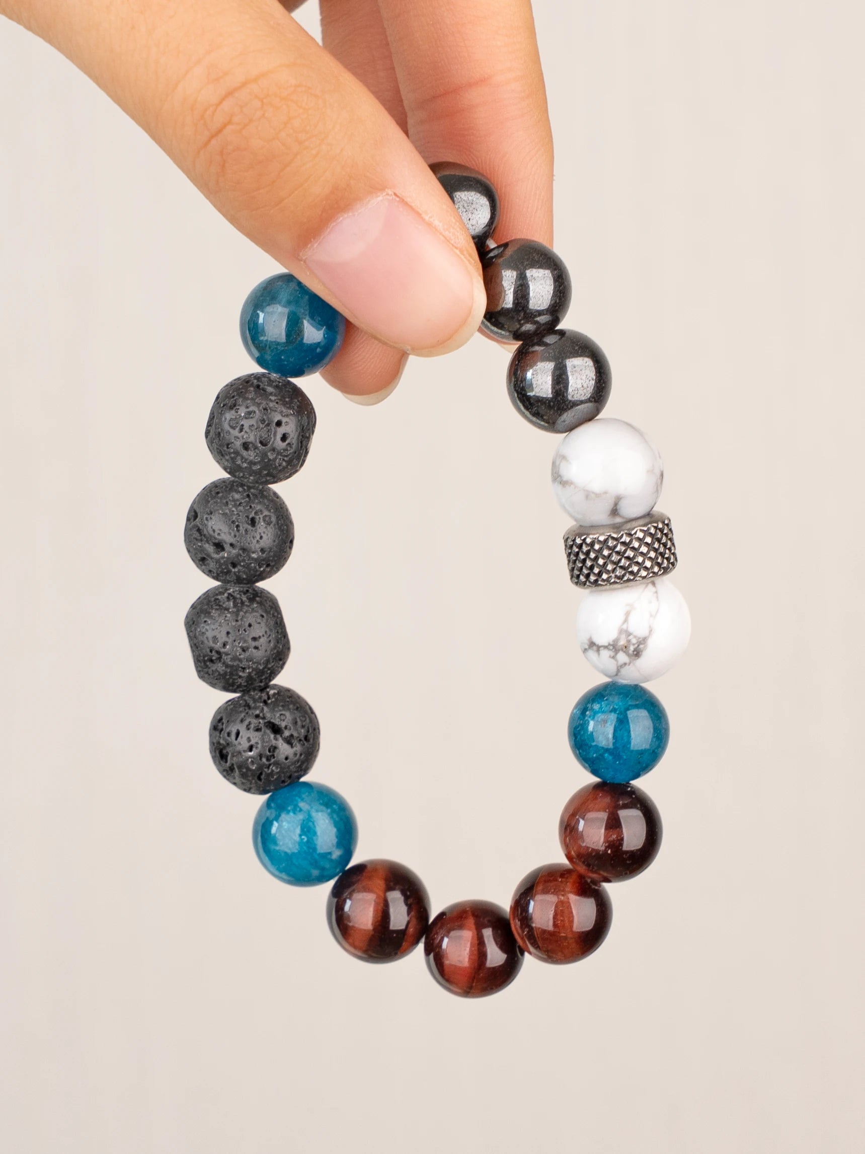 SENLLY Grounded Energy - Natural Red Tiger Eye, Kyanite, Howlite, Lava Rock & Hematite Beaded Bracelet, Handcrafted Stretch Stone Jewelry for Strength, Balance & Focus